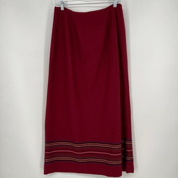 Vtg Eddie Bauer Wool Blanket Wrap Skirt Sz 10 Cranberry Red Multi Stripe Long - Picture 2 of 11